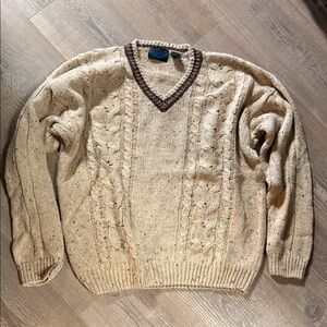 Vintage Men's Beige V-Neck Varsity Cable Knit Wool Ramie Blend Sweater